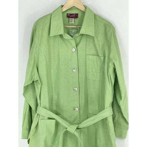 NWT Denim & Co Womens 1X Pants Suit Linen Blend Lime Green Safari Tunic Pockets - Picture 2 of 16
